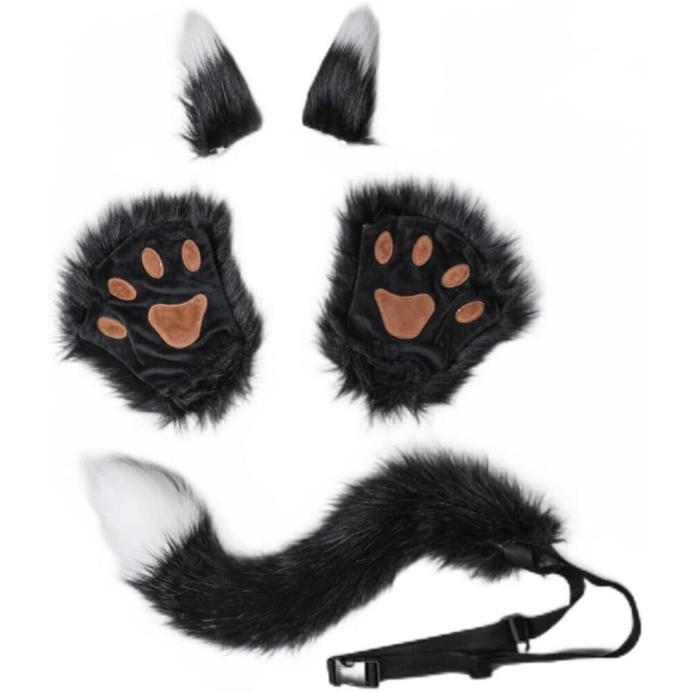 Faux Fur Cat Fox Wolf Ear Headband Tail Gloves Set Cosplay Halloween Party - Picture 1 of 7